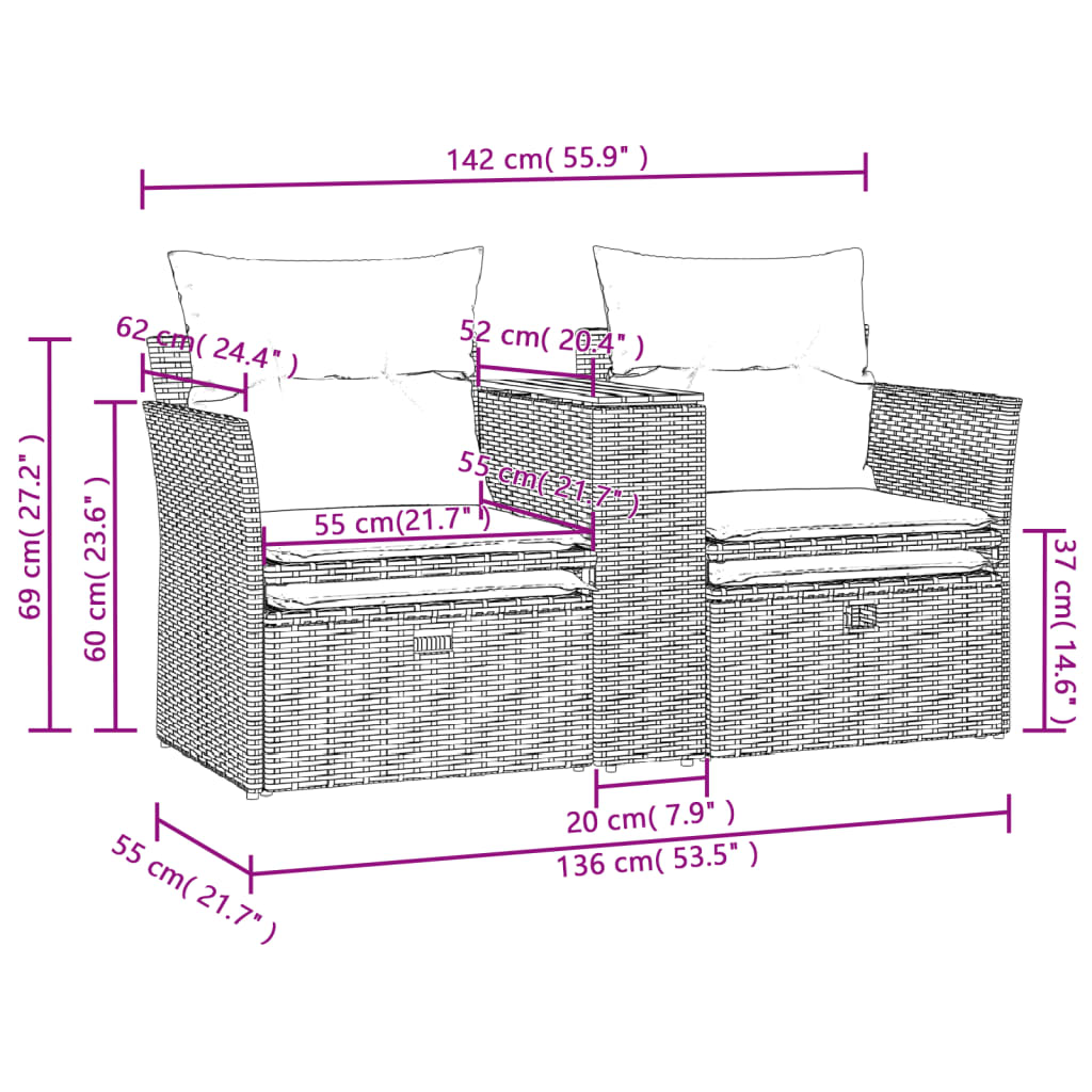 vidaXL Patio Sofa 2-Seater with Stools Black Poly Rattan-8