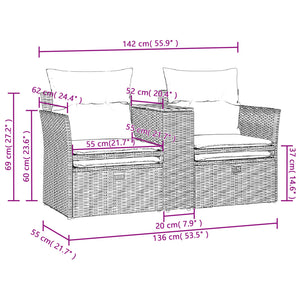 vidaXL Patio Sofa 2-Seater with Stools Black Poly Rattan-8