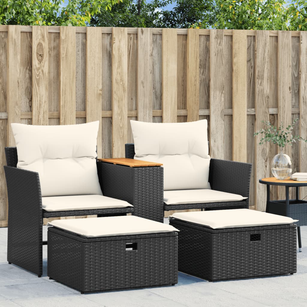 vidaXL Patio Sofa 2-Seater with Stools Black Poly Rattan-0