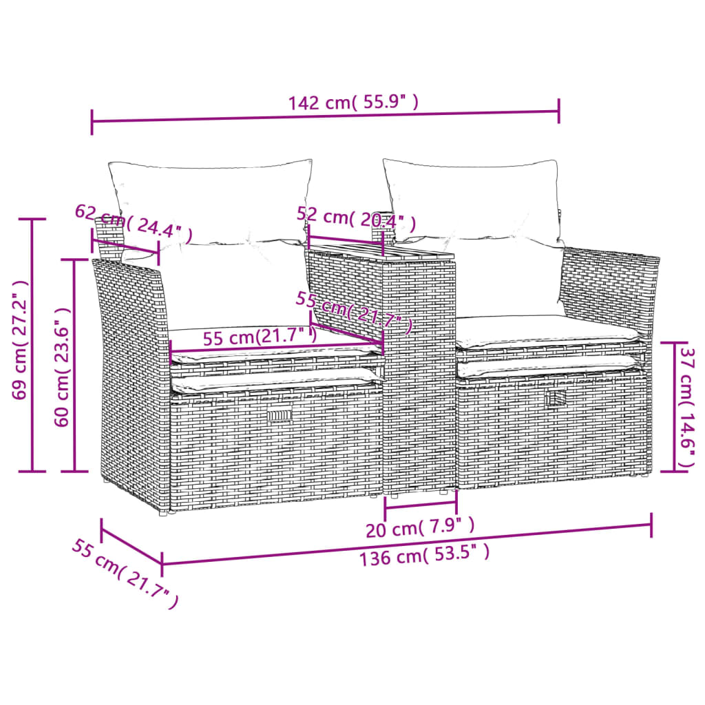 vidaXL Patio Sofa 2-Seater with Stools Gray Poly Rattan-6