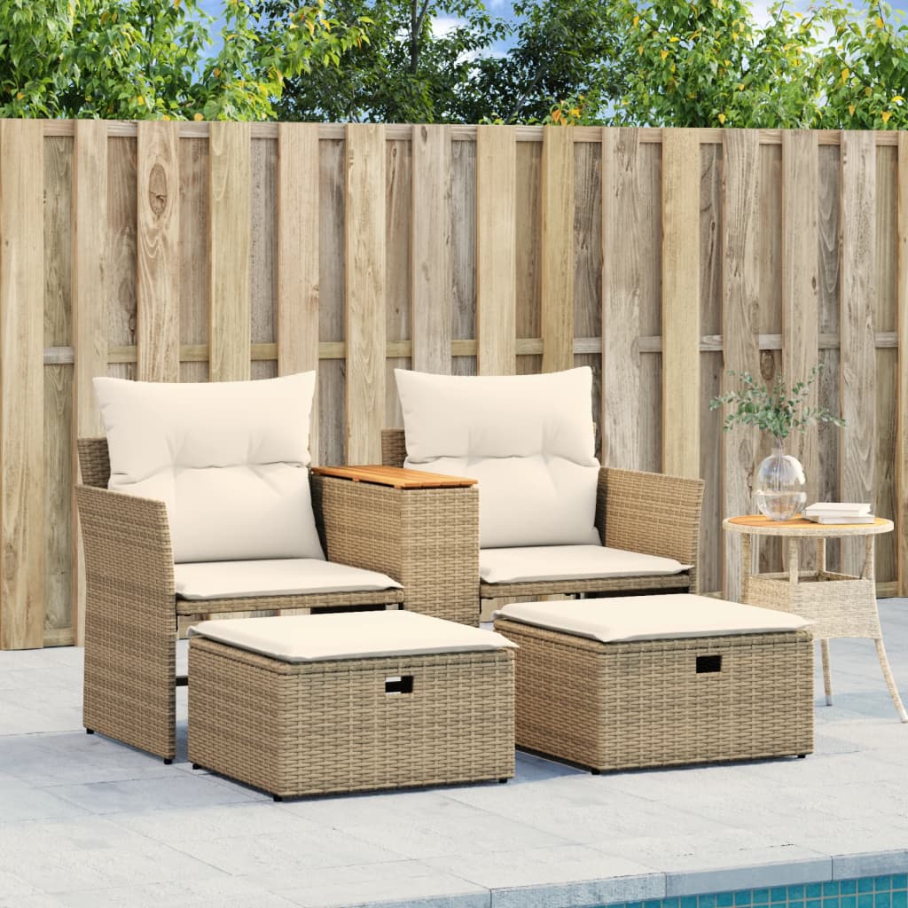 vidaXL Patio Sofa 2-Seater with Stools Beige Poly Rattan-3