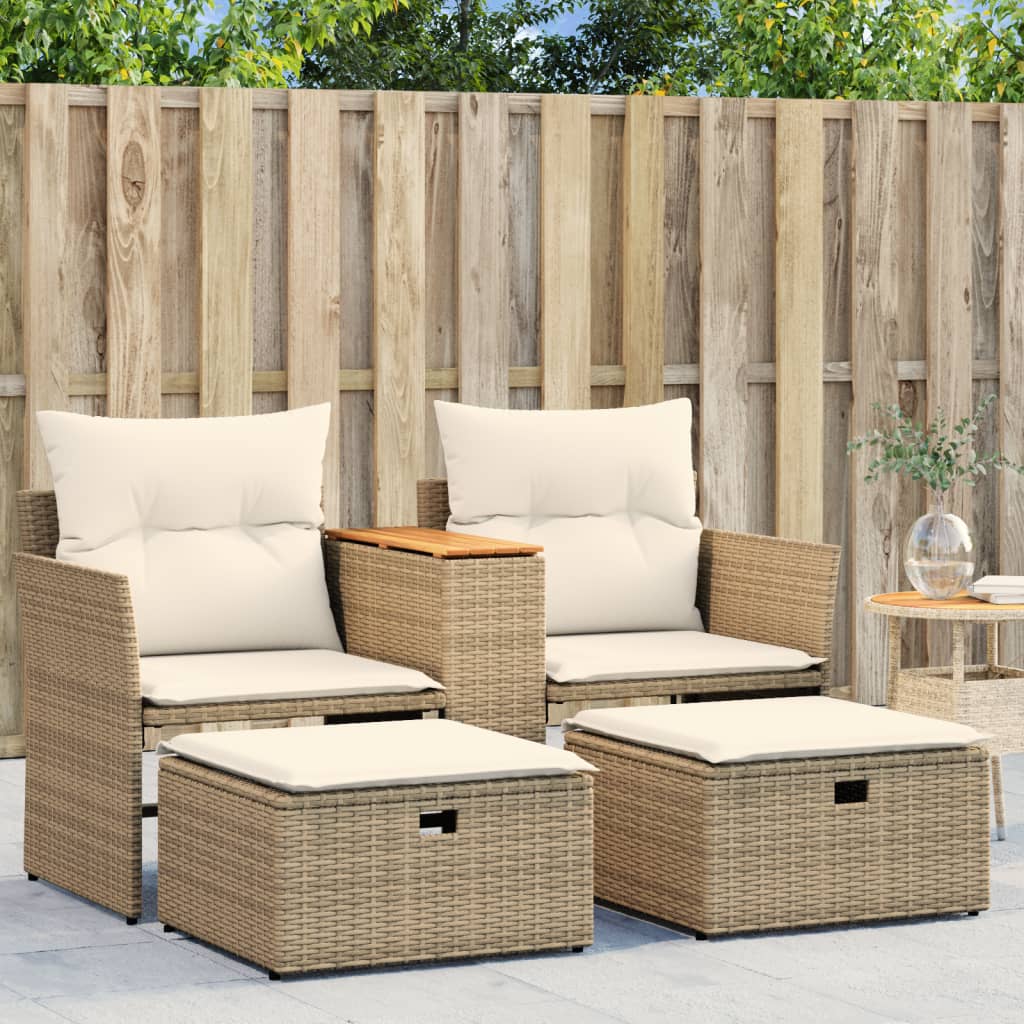 vidaXL Patio Sofa 2-Seater with Stools Beige Poly Rattan-0