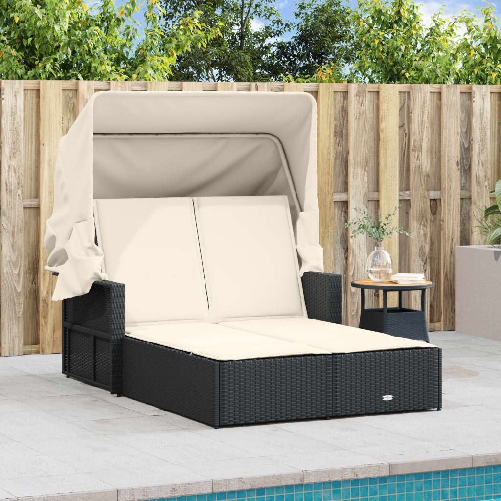 vidaXL Double Sun Lounger with Canopy and Cushions Patio Day Bed Poly Rattan-12