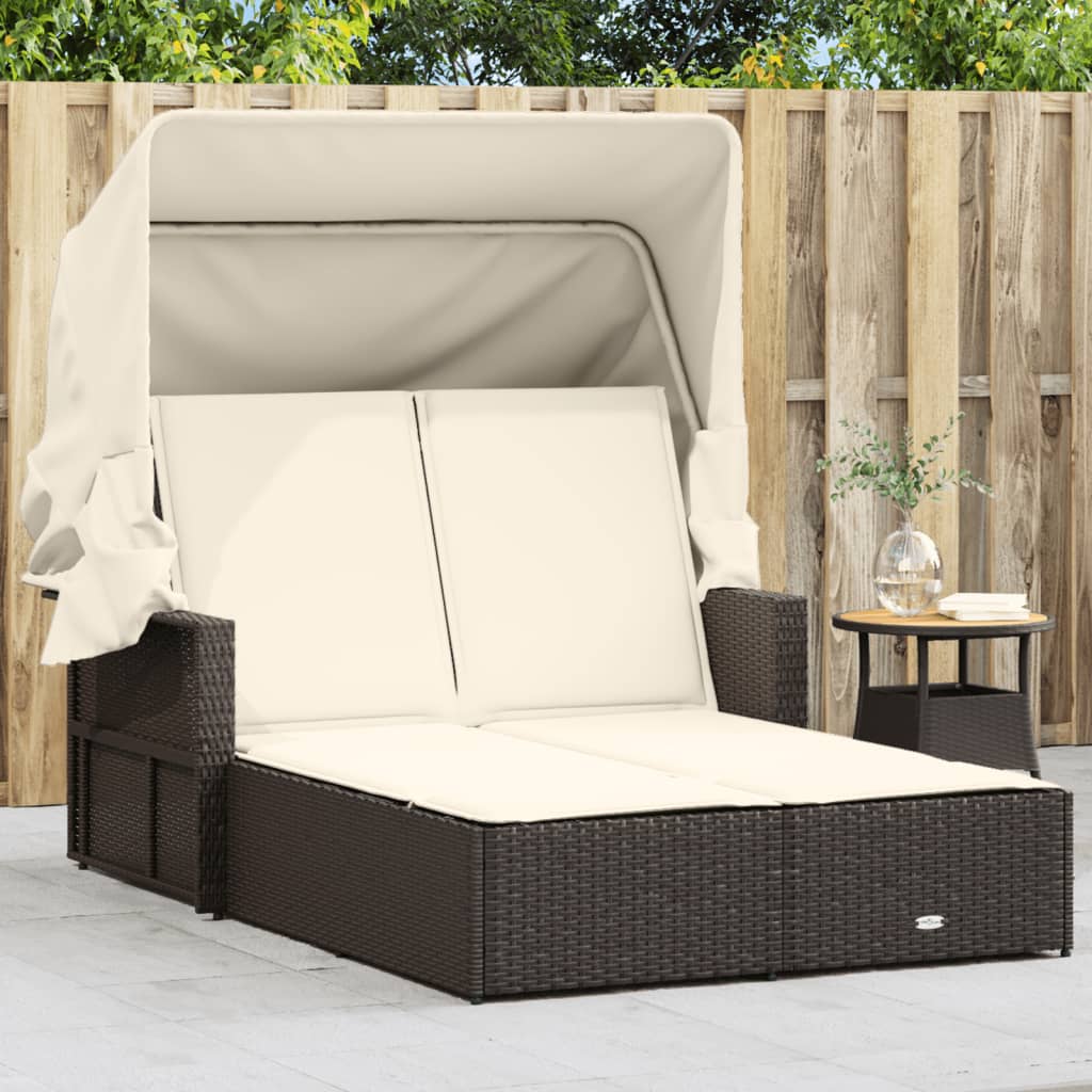 vidaXL Double Sun Lounger with Canopy and Cushions Patio Day Bed Poly Rattan-14