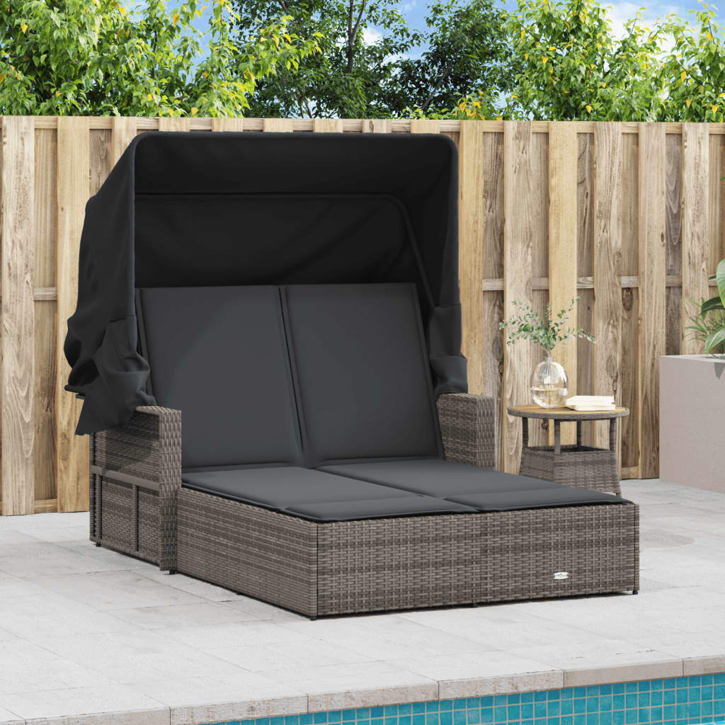 vidaXL Double Sun Lounger with Canopy and Cushions Patio Day Bed Poly Rattan-17