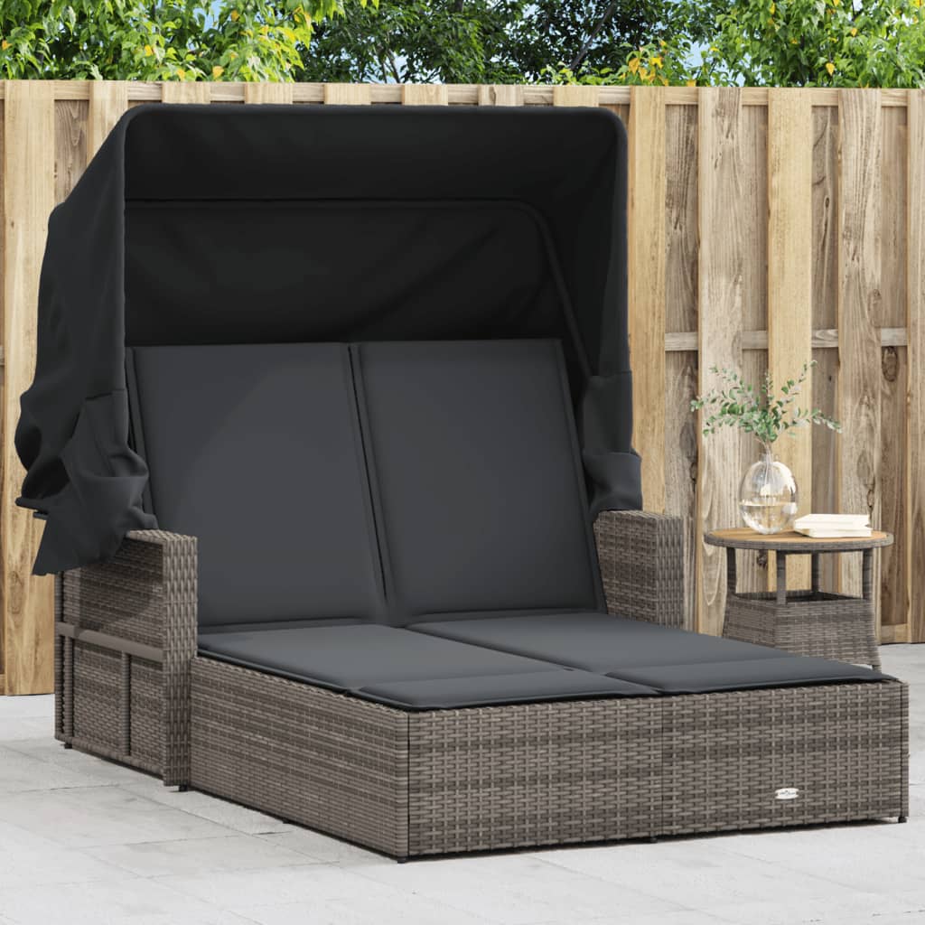 vidaXL Double Sun Lounger with Canopy and Cushions Patio Day Bed Poly Rattan-13