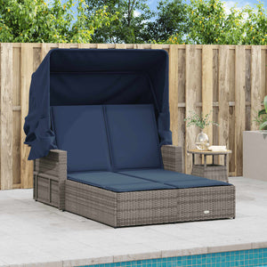 vidaXL Double Sun Lounger with Canopy and Cushions Black Poly Rattan-24