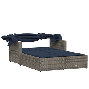 vidaXL Double Sun Lounger with Canopy and Cushions Black Poly Rattan-4