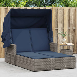 vidaXL Double Sun Lounger with Canopy and Cushions Black Poly Rattan-21