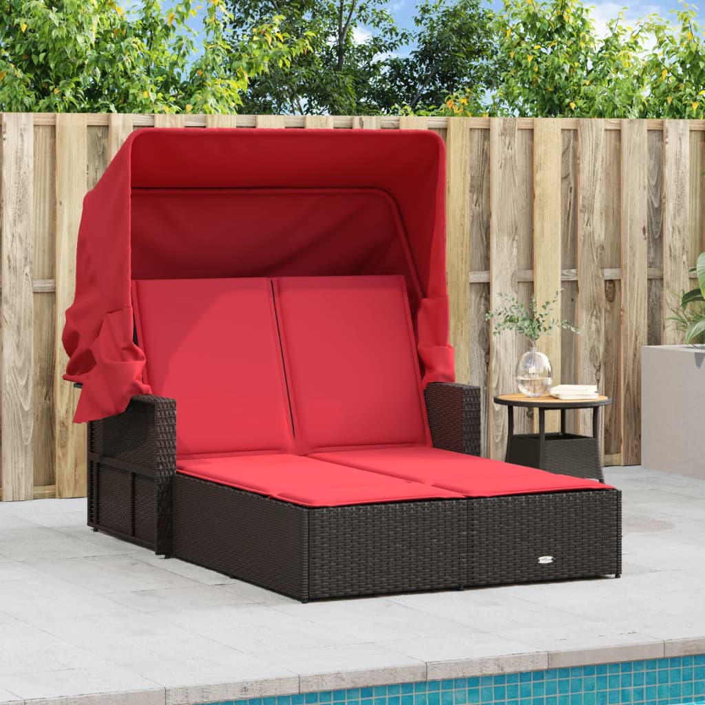 vidaXL Double Sun Lounger with Canopy and Cushions Black Poly Rattan-18