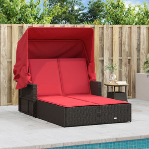 vidaXL Double Sun Lounger with Canopy and Cushions Black Poly Rattan-22