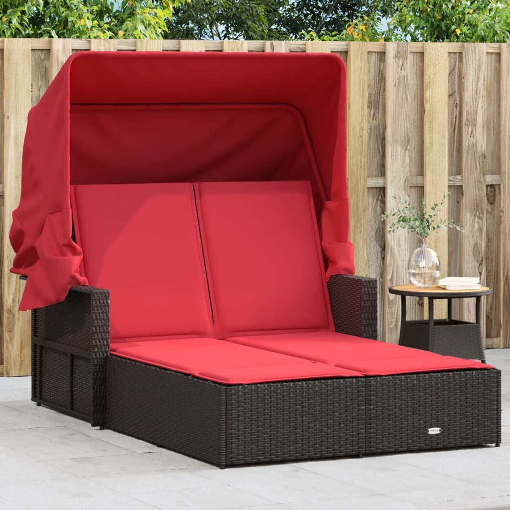 vidaXL Double Sun Lounger with Canopy and Cushions Black Poly Rattan-14