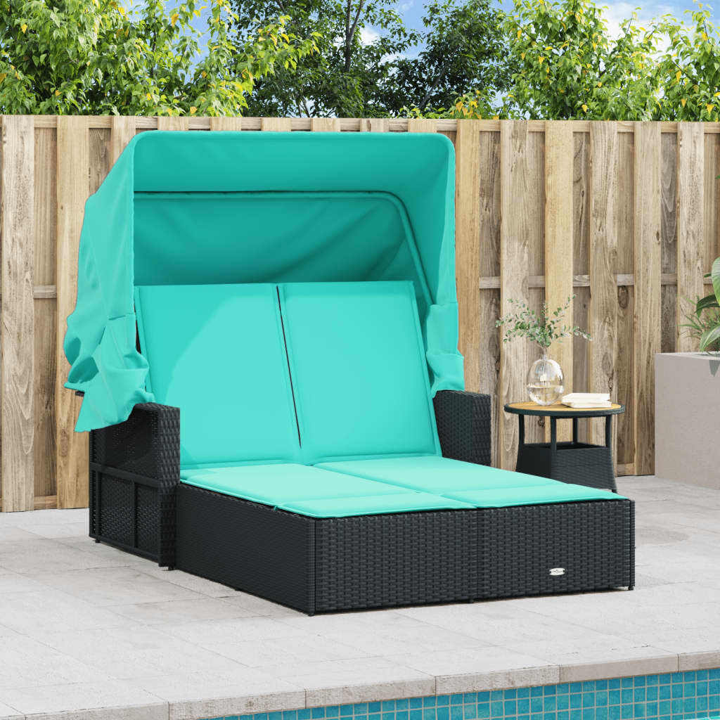 vidaXL Double Sun Lounger with Canopy and Cushions Black Poly Rattan-11