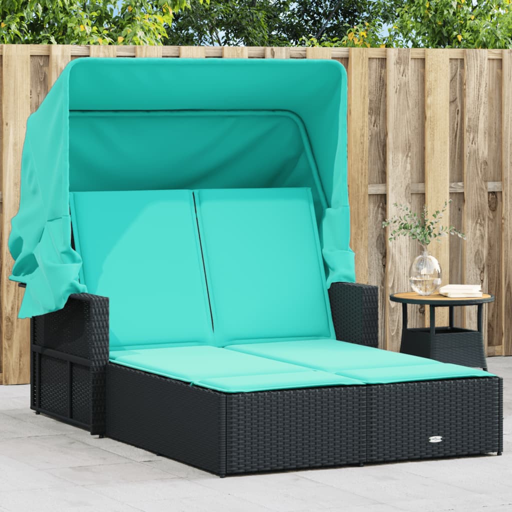 vidaXL Double Sun Lounger with Canopy and Cushions Black Poly Rattan-7