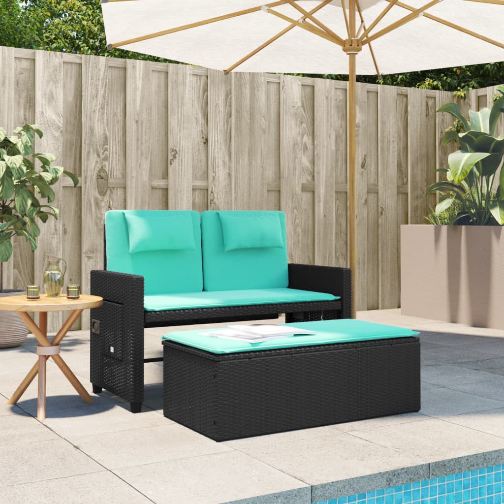 vidaXL Reclining Patio Bench with Cushions Black Poly Rattan-11