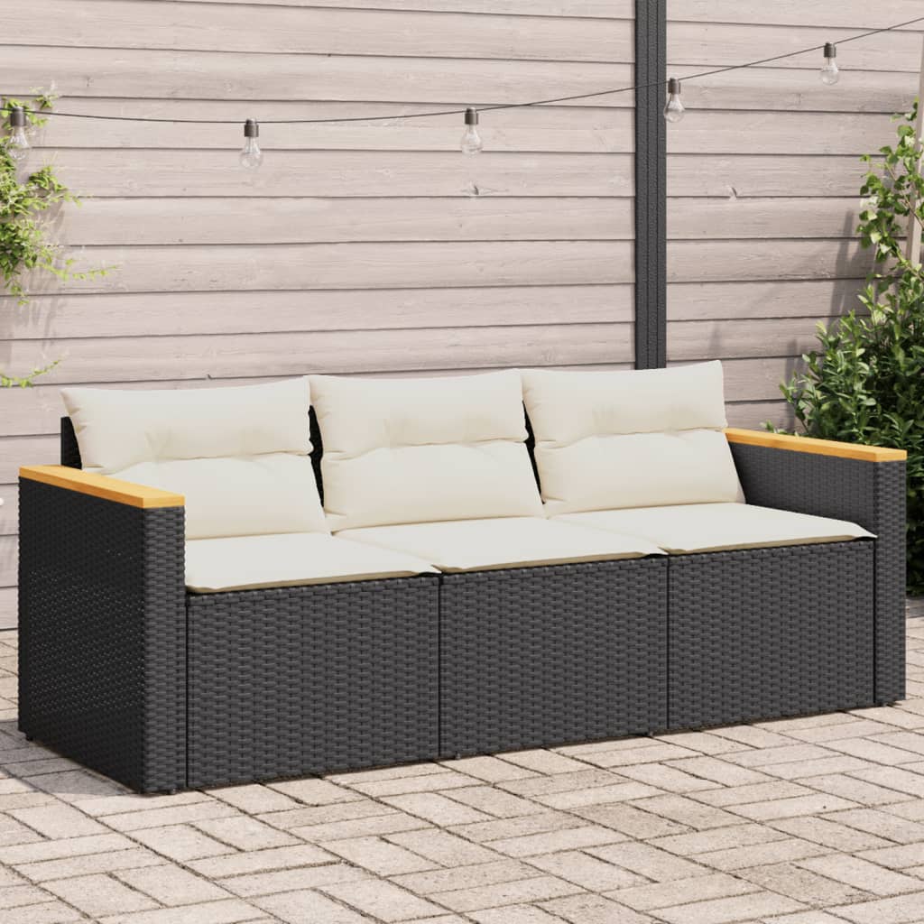 vidaXL Patio Sofa with Cushions 3-Seater Black Poly Rattan-0