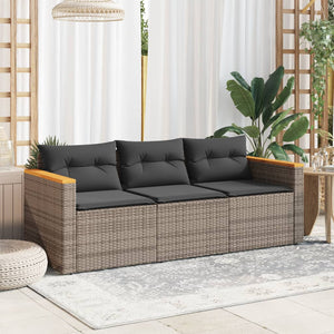 vidaXL Patio Sofa with Cushions 3-Seater Gray Poly Rattan-2