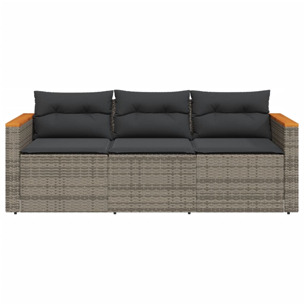 vidaXL Patio Sofa with Cushions 3-Seater Gray Poly Rattan-5