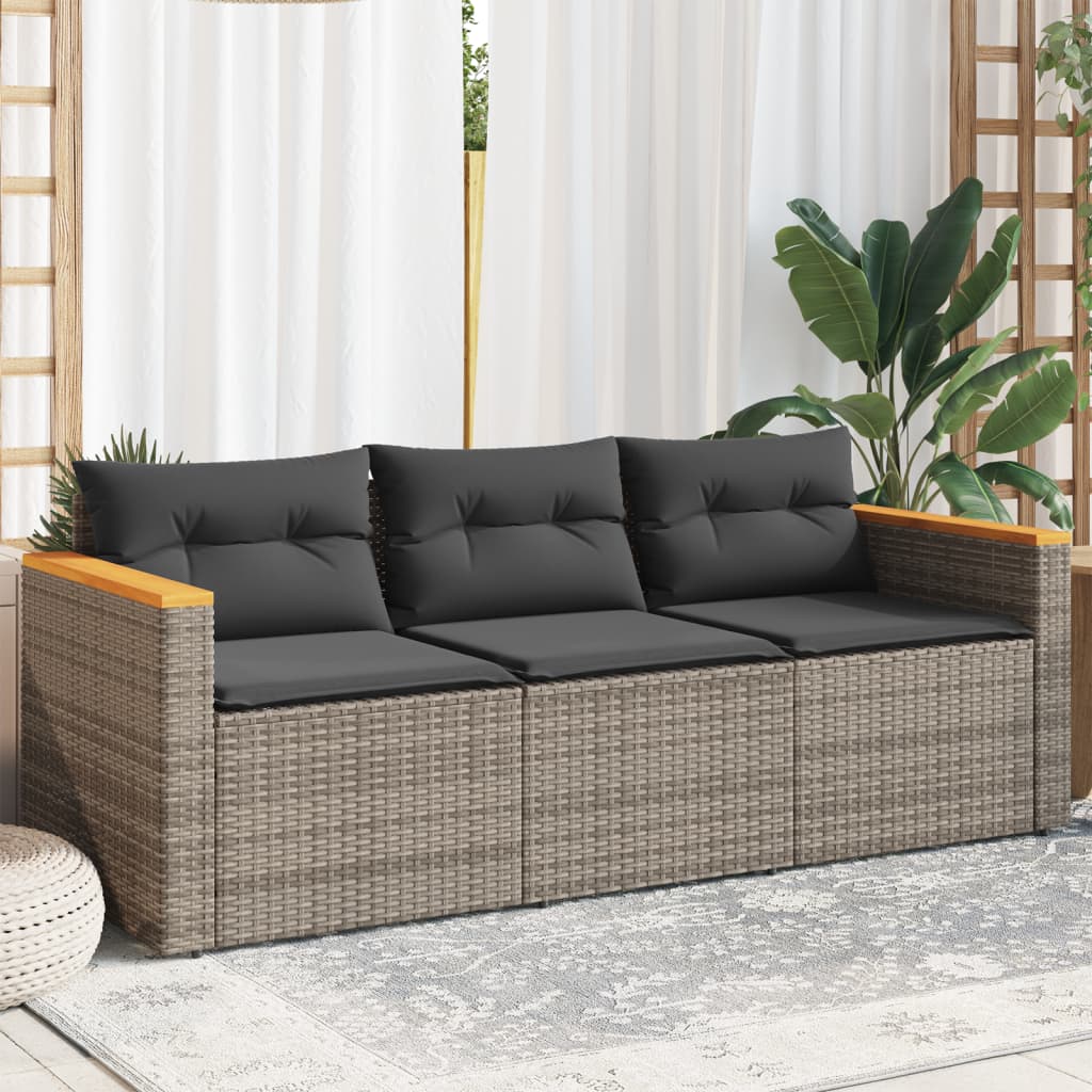 vidaXL Patio Sofa with Cushions 3-Seater Gray Poly Rattan-0