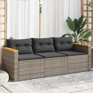 vidaXL Patio Sofa with Cushions 3-Seater Gray Poly Rattan-0