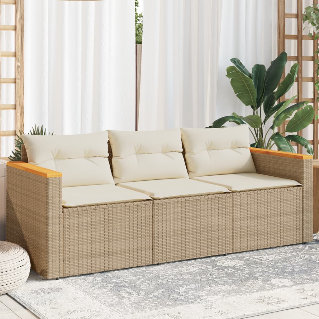 vidaXL Patio Sofa with Cushions 3-Seater Beige Poly Rattan-1
