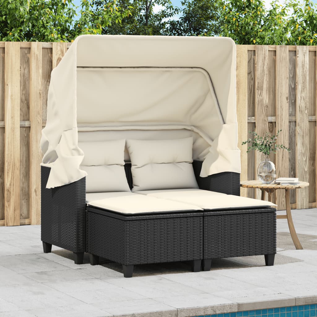 vidaXL Patio Sofa 2-Seater with Canopy and Stools Black Poly Rattan-3