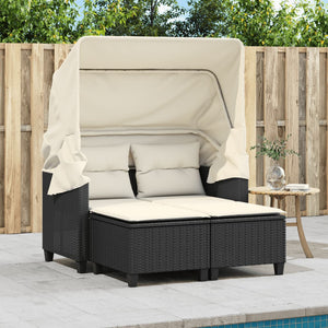 vidaXL Patio Sofa 2-Seater with Canopy and Stools Black Poly Rattan-4