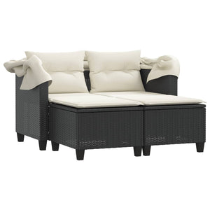 vidaXL Patio Sofa 2-Seater with Canopy and Stools Black Poly Rattan-5