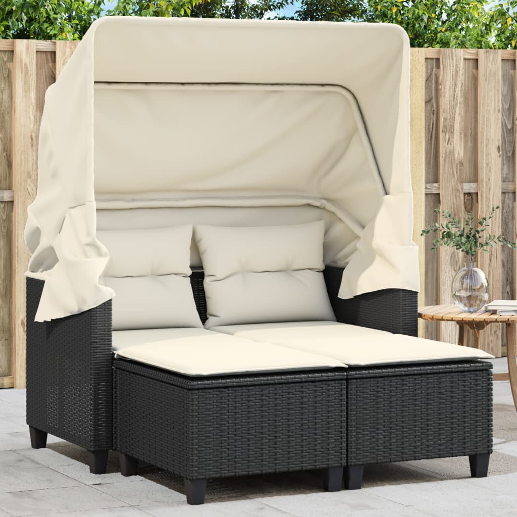 vidaXL Patio Sofa 2-Seater with Canopy and Stools Black Poly Rattan-1