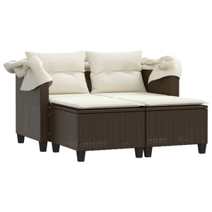 vidaXL Patio Sofa 2-Seater with Canopy and Stools Brown Poly Rattan-5