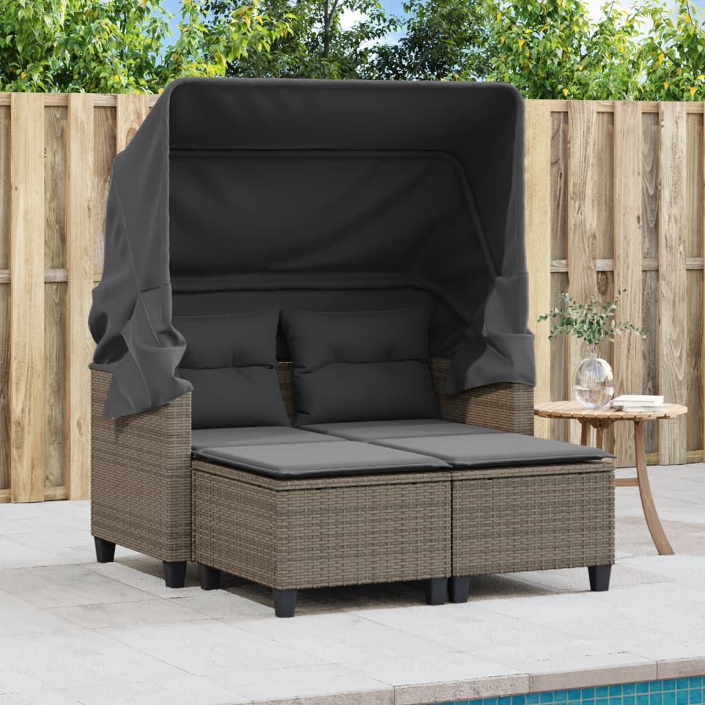 vidaXL Patio Sofa 2-Seater with Canopy and Stools Gray Poly Rattan-2