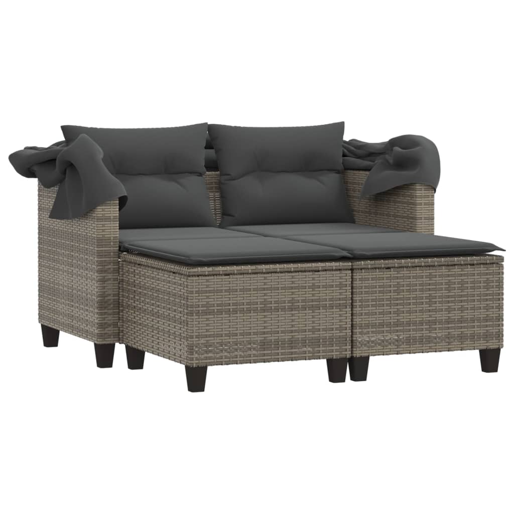 vidaXL Patio Sofa 2-Seater with Canopy and Stools Gray Poly Rattan-5