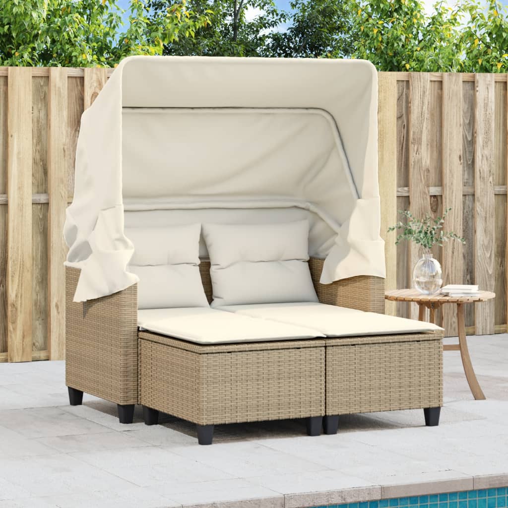 vidaXL Patio Sofa 2-Seater with Canopy and Stools Beige Poly Rattan-3