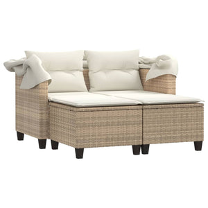 vidaXL Patio Sofa 2-Seater with Canopy and Stools Beige Poly Rattan-5