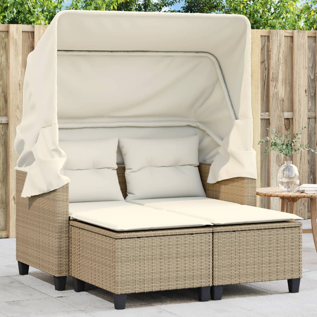 vidaXL Patio Sofa 2-Seater with Canopy and Stools Beige Poly Rattan-1