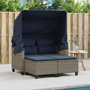 vidaXL Patio Sofa 2-Seater with Canopy and Stools Gray Poly Rattan-2