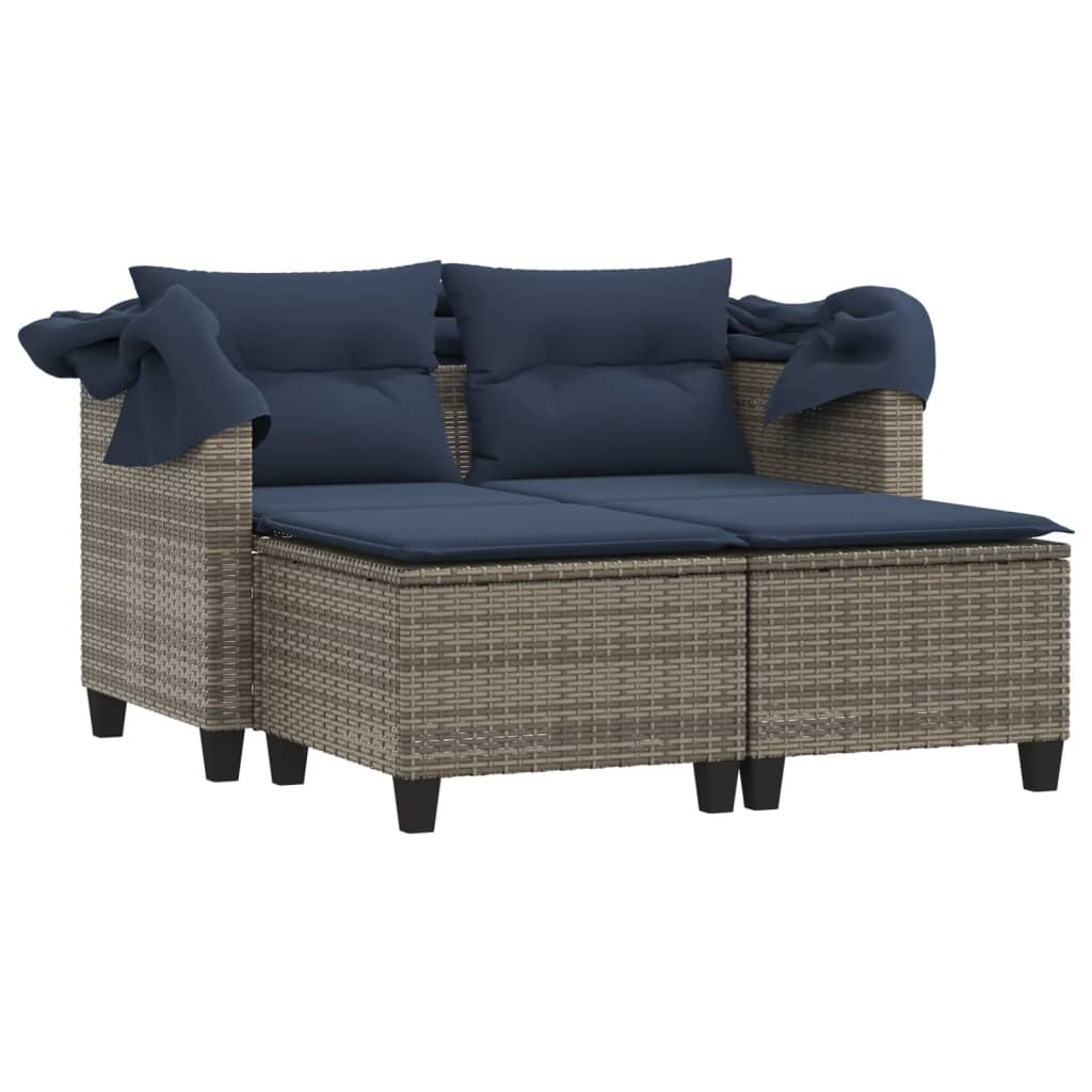 vidaXL Patio Sofa 2-Seater with Canopy and Stools Gray Poly Rattan-3