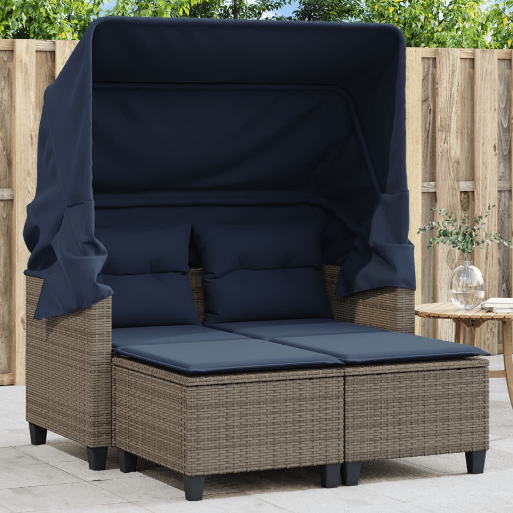 vidaXL Patio Sofa 2-Seater with Canopy and Stools Gray Poly Rattan-1