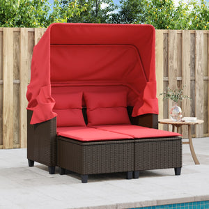 vidaXL Patio Sofa 2-Seater with Canopy and Stools Brown Poly Rattan-4