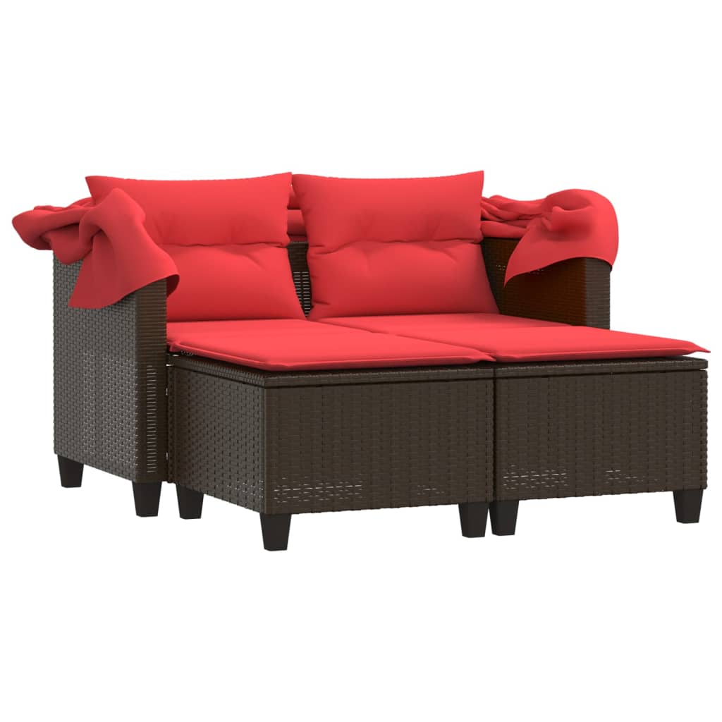 vidaXL Patio Sofa 2-Seater with Canopy and Stools Brown Poly Rattan-5