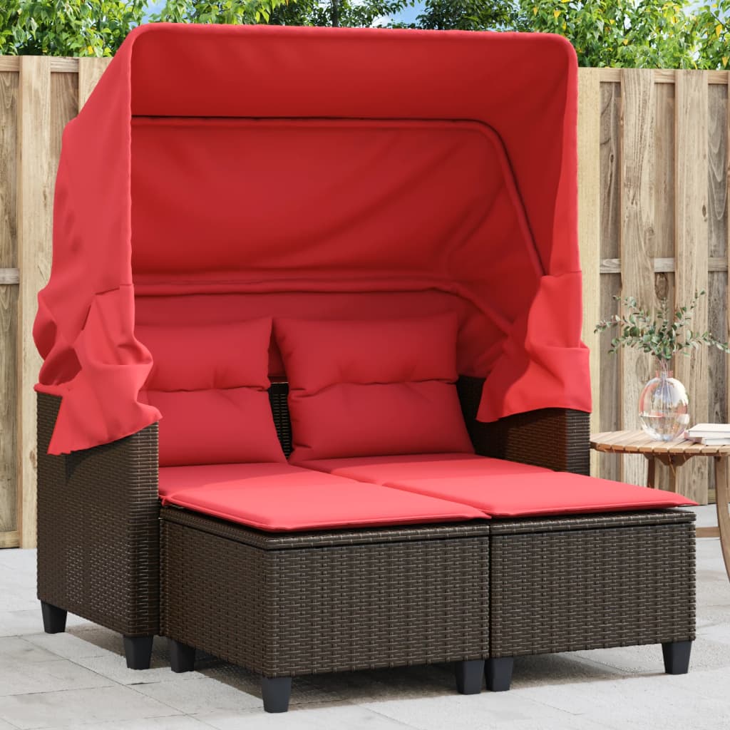 vidaXL Patio Sofa 2-Seater with Canopy and Stools Brown Poly Rattan-1