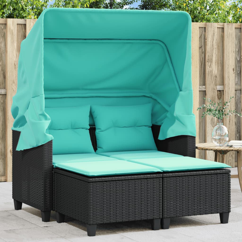 vidaXL Patio Sofa 2-Seater with Canopy and Stools Black Poly Rattan-0