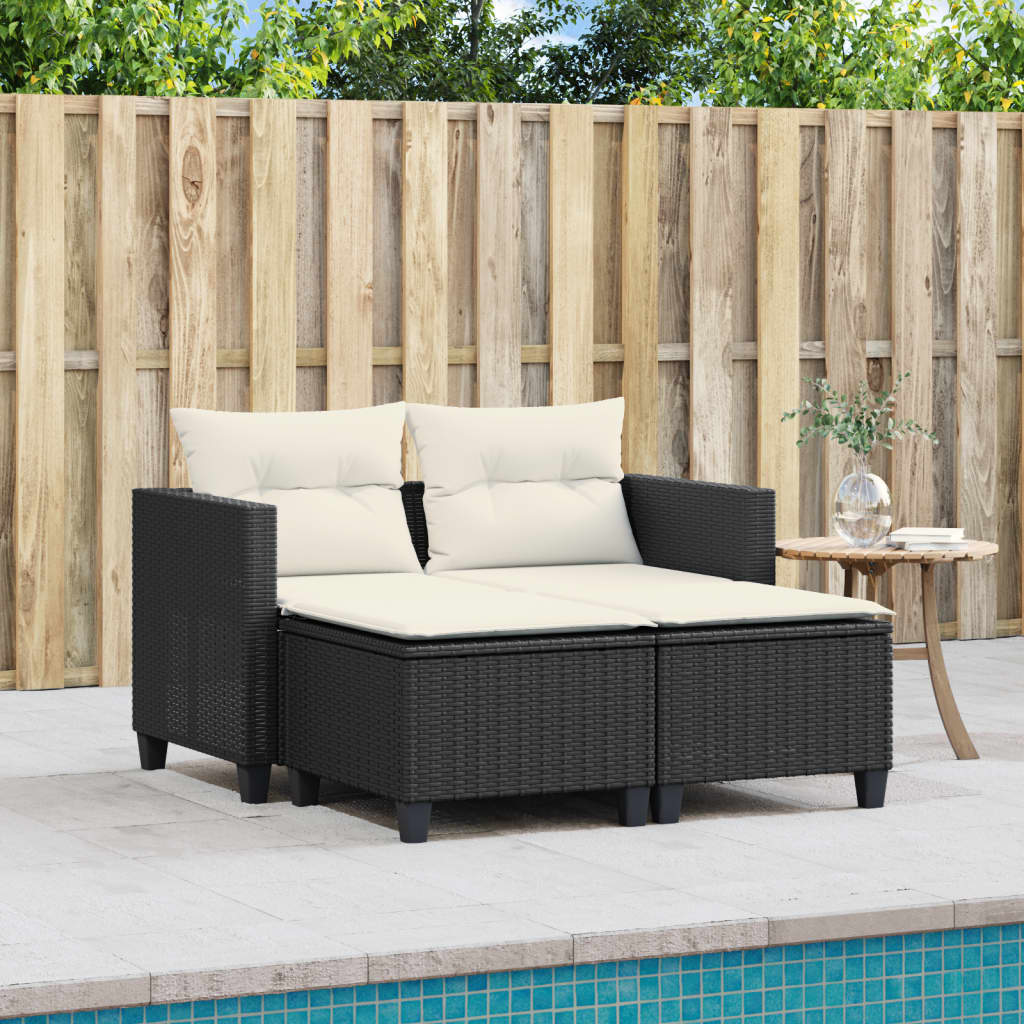 vidaXL Patio Sofa 2-Seater with Stools Black Poly Rattan-3