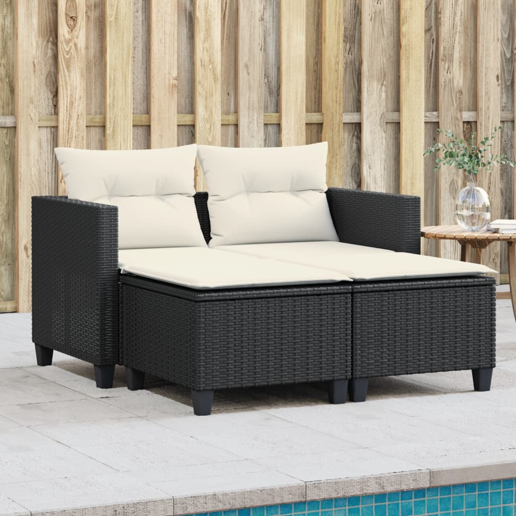 vidaXL Patio Sofa 2-Seater with Stools Black Poly Rattan-1