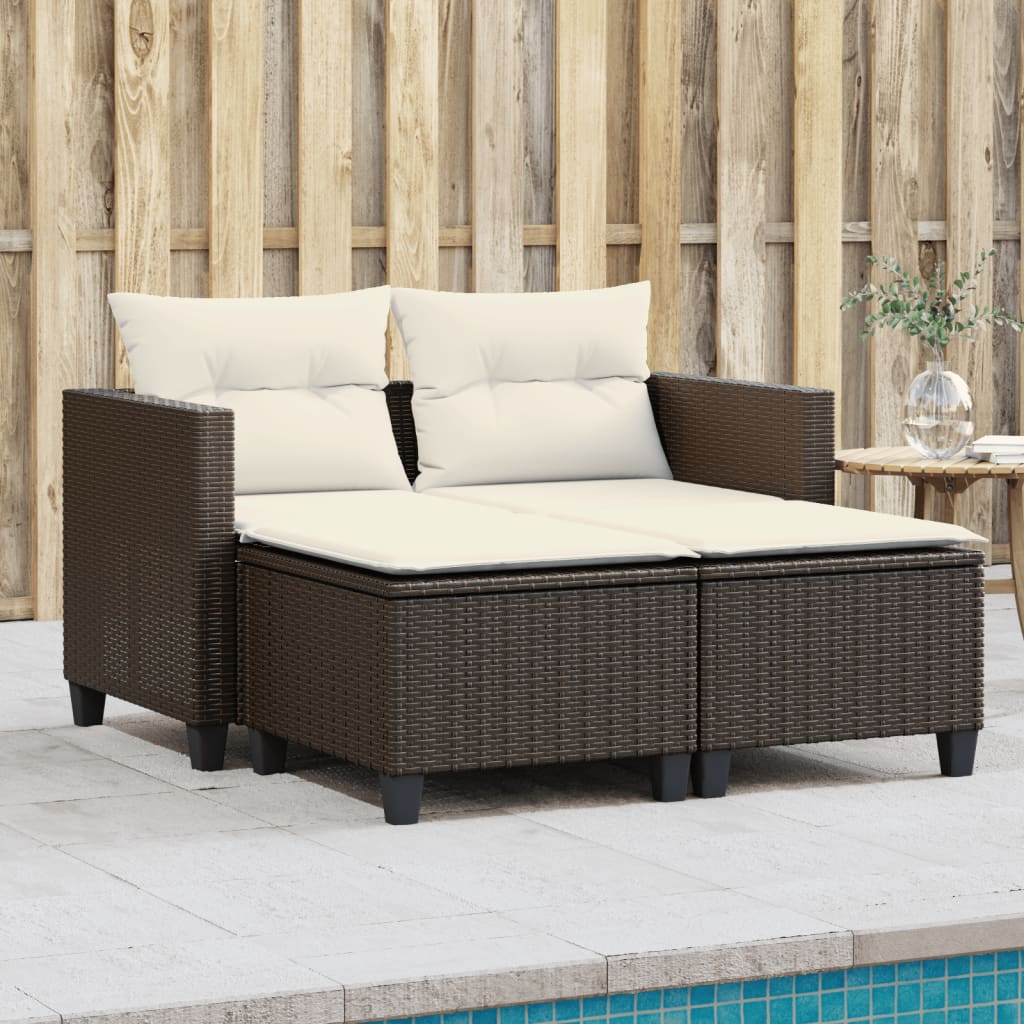 vidaXL Patio Sofa 2-Seater with Stools Brown Poly Rattan-0