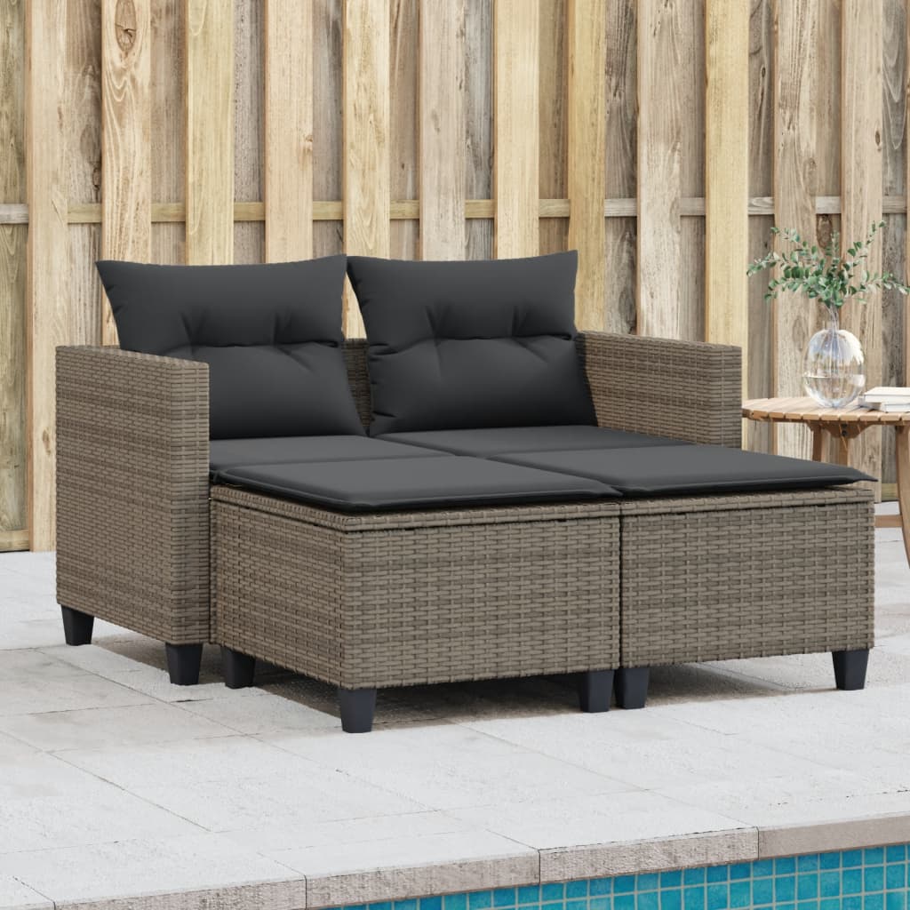 vidaXL Patio Sofa 2-Seater with Stools Gray Poly Rattan-0