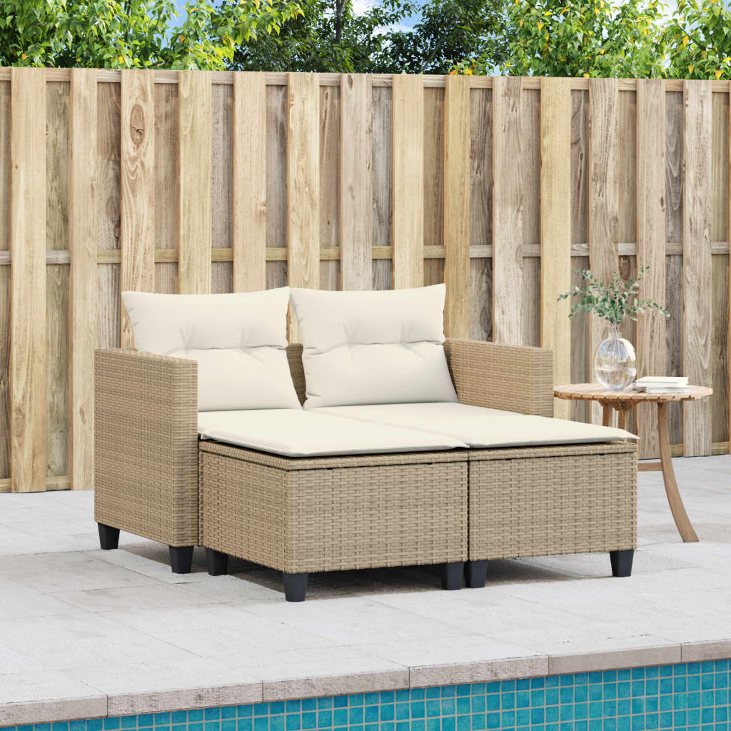 vidaXL Patio Sofa 2-Seater with Stools Beige Poly Rattan-3