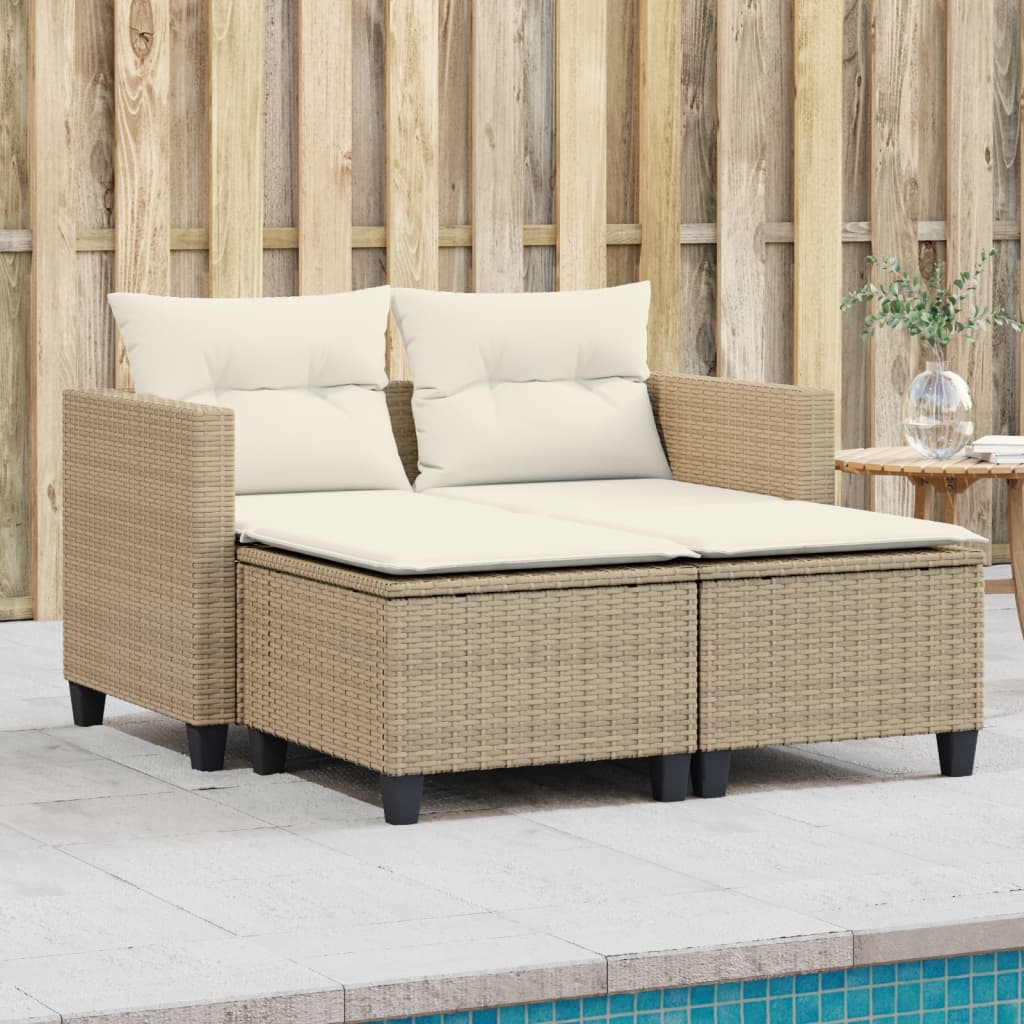 vidaXL Patio Sofa 2-Seater with Stools Beige Poly Rattan-0