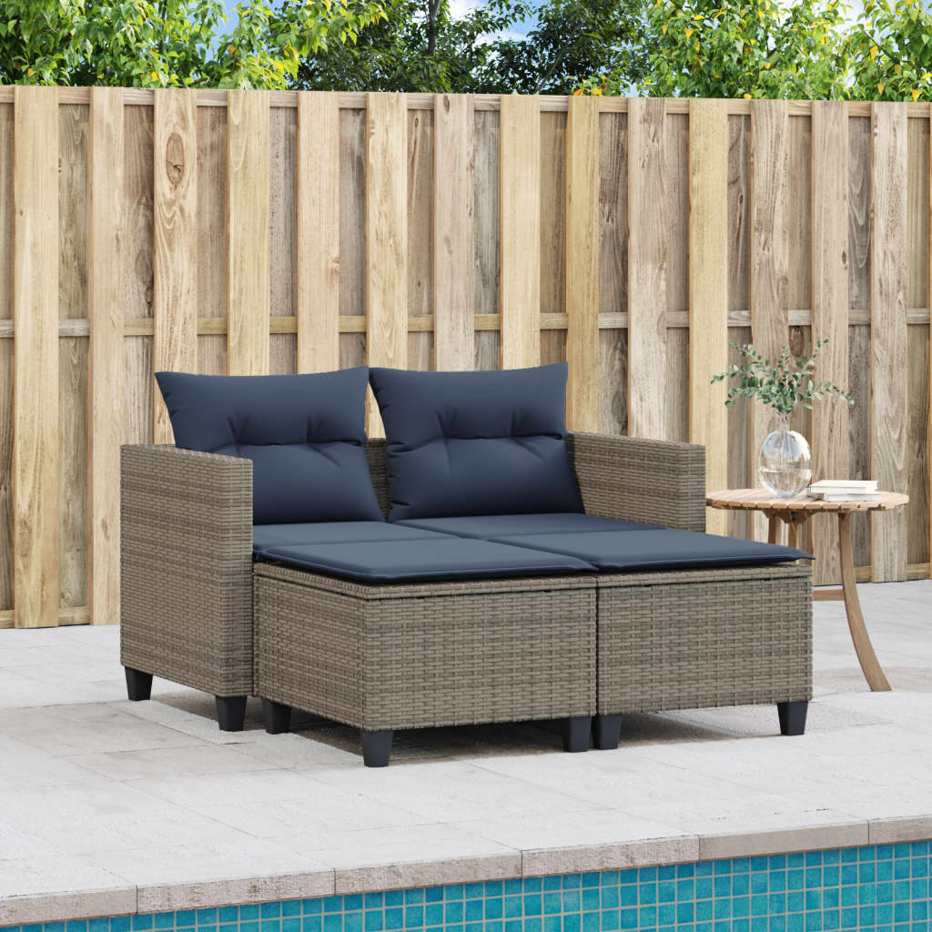 vidaXL Patio Sofa 2-Seater with Stools Gray Poly Rattan-2