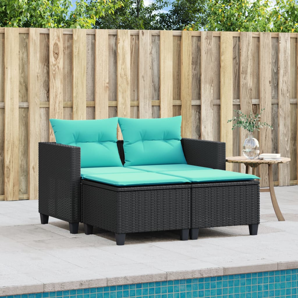 vidaXL Patio Sofa 2-Seater with Stools Black Poly Rattan-1